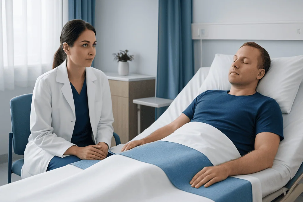 Doctor consulting patient in hospital room for sleep health.