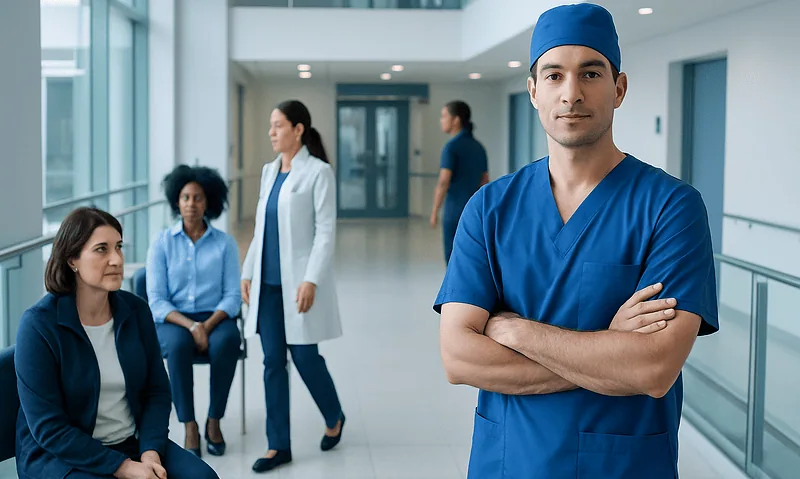 Healthcare professionals in a hospital corridor, including a male nurse in scrubs.