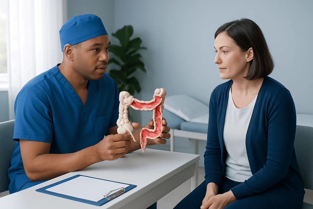 Doctor explaining colon anatomy to patient in consultation room.