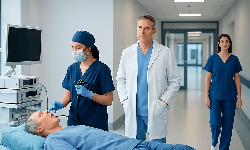 Medical team preparing for endoscopy procedure in hospital corridor.