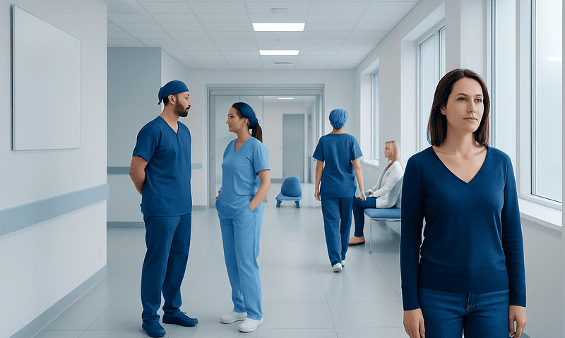 Medical team in hospital corridor preparing for procedures.