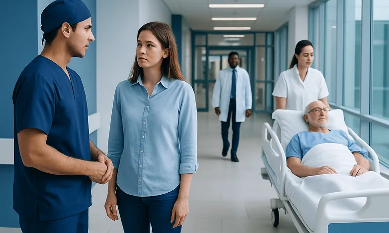 Healthcare professionals discussing patient care in hospital corridor.