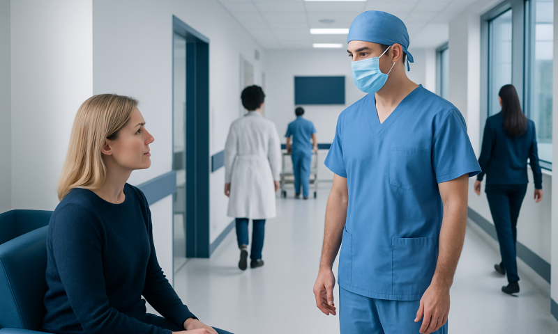 Doctor and patient discussing in hospital corridor during recovery.