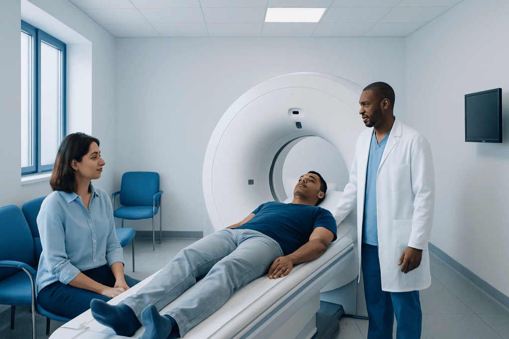 Suv PET Scan: Preparation, Procedure and Results 1 Patient undergoing a PET scan in a modern medical facility with doctor and technician present.