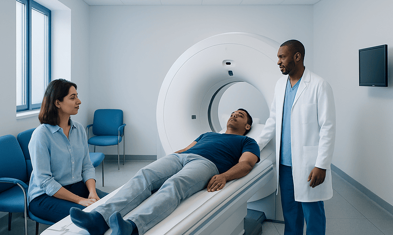 Patient undergoing a PET scan in a modern medical facility with doctor and technician present.