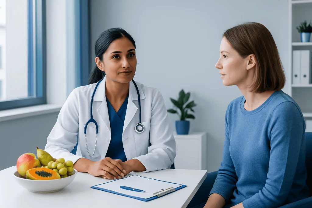 Doctor consulting a patient in a medical office with fruit on the table.