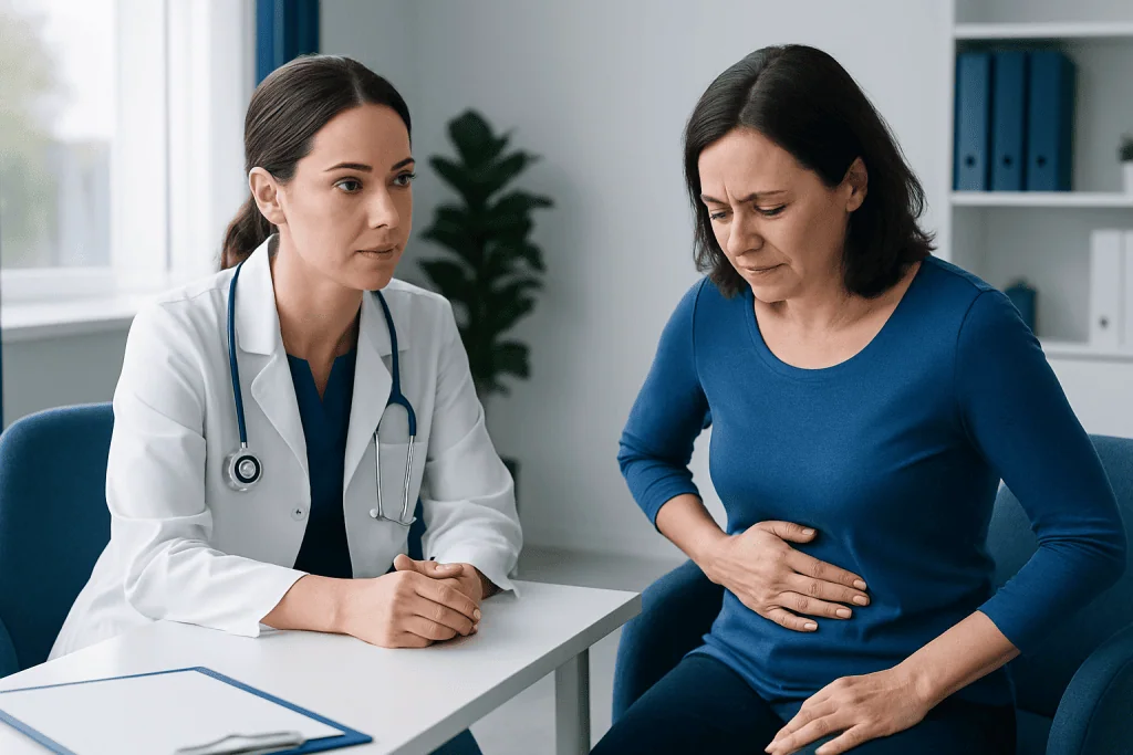 Doctor consulting with a woman about abdominal pain in a medical office.