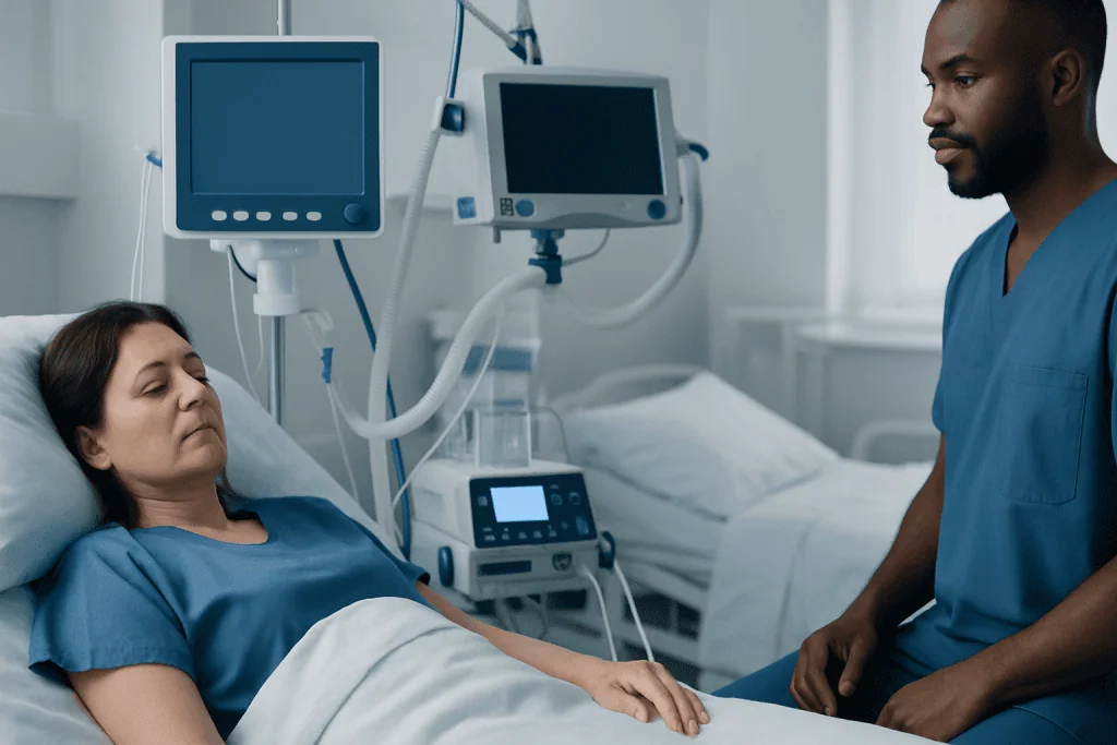 Patient in hospital bed with medical staff monitoring her health.
