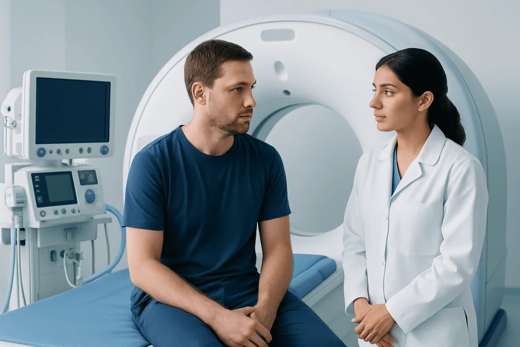 Patient and doctor discussing before MRI scan in hospital setting.