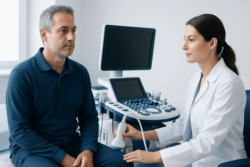 Doctor performing breast ultrasound on a patient in a clinical setting.
