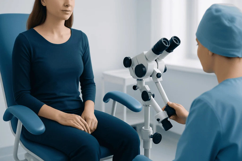 Gynecologist examining patient with microscope in clinic.