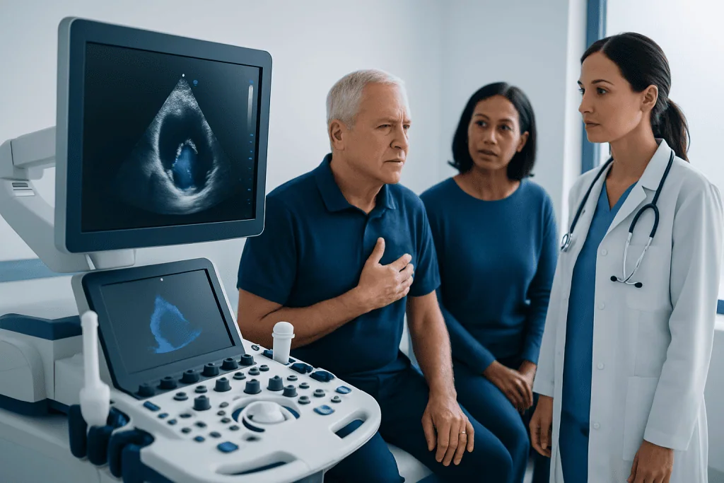 Doctor explaining echocardiogram results to a patient with two assistants.