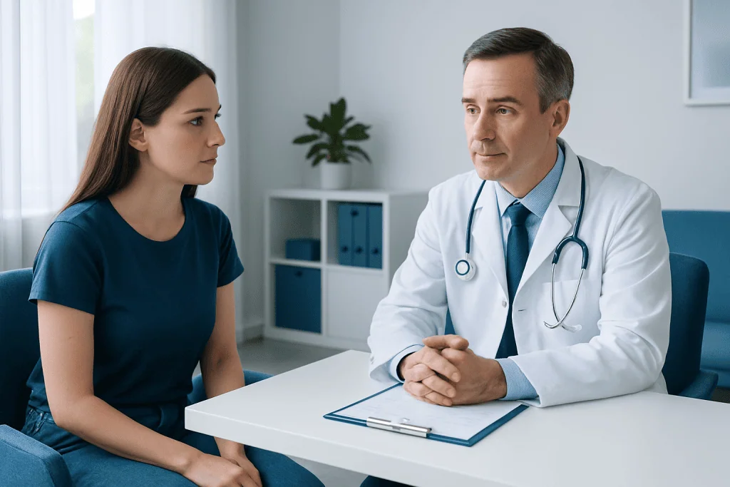 Doctor consulting with a young female patient in a modern clinic setting.