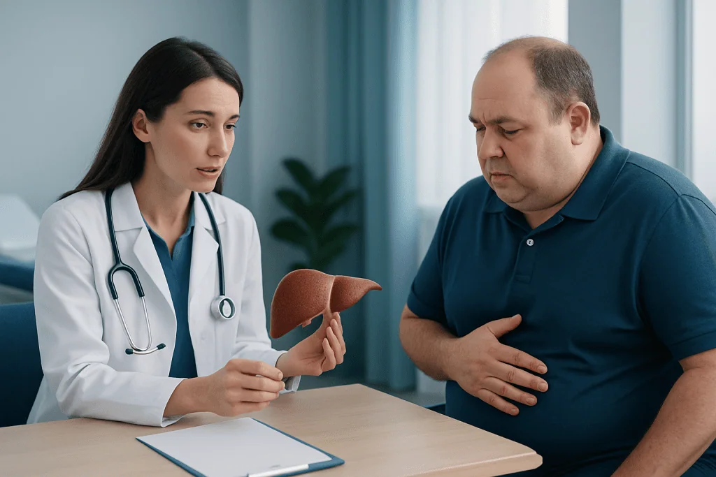 Doctor explaining liver health to a patient in a medical consultation.