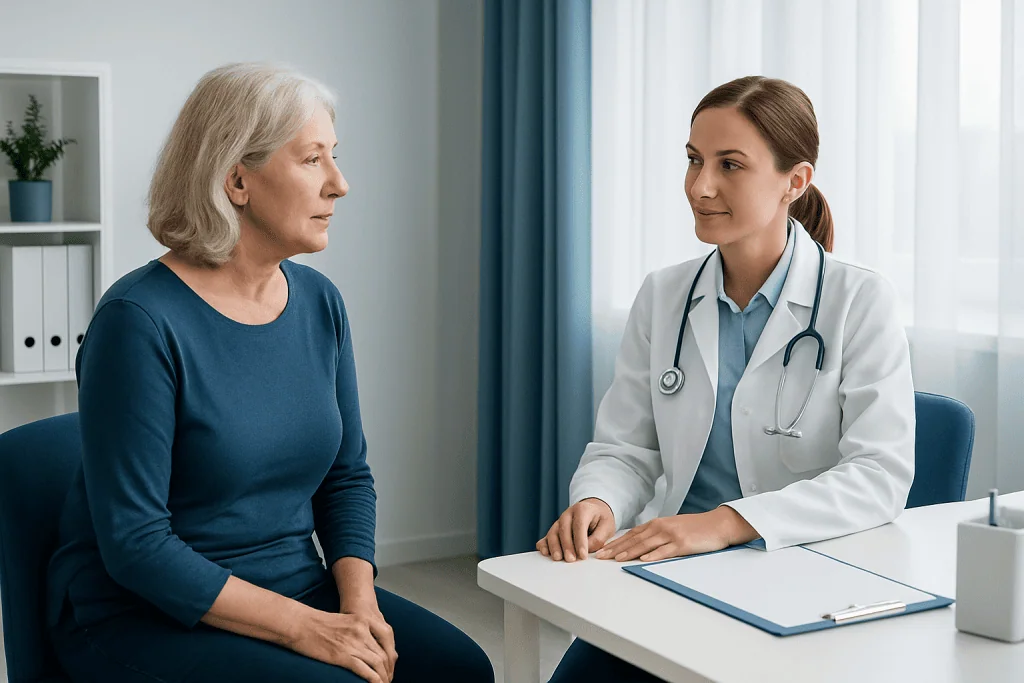 Doctor consulting with an elderly female patient in a medical office.