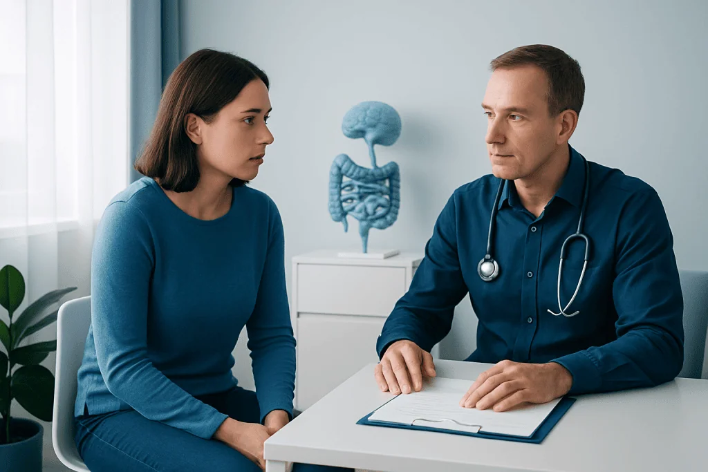 Doctor consulting a patient about gut-brain health in a medical office.