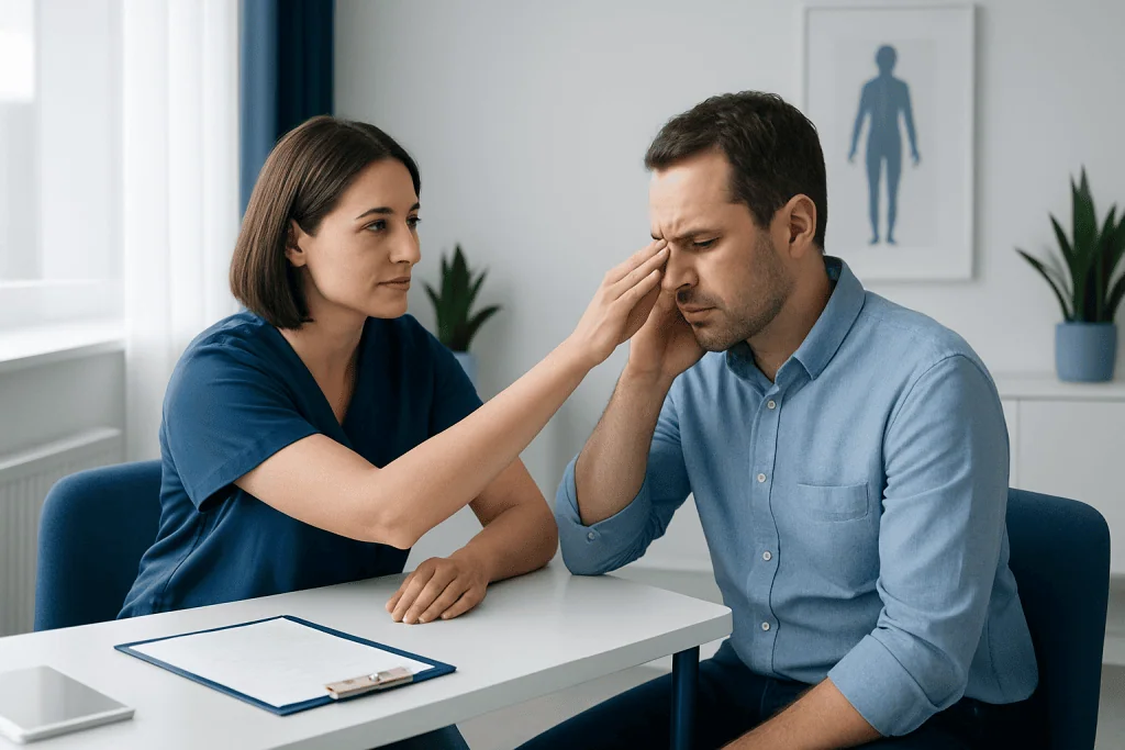 Doctor comforting a patient with headache in a consultation room.