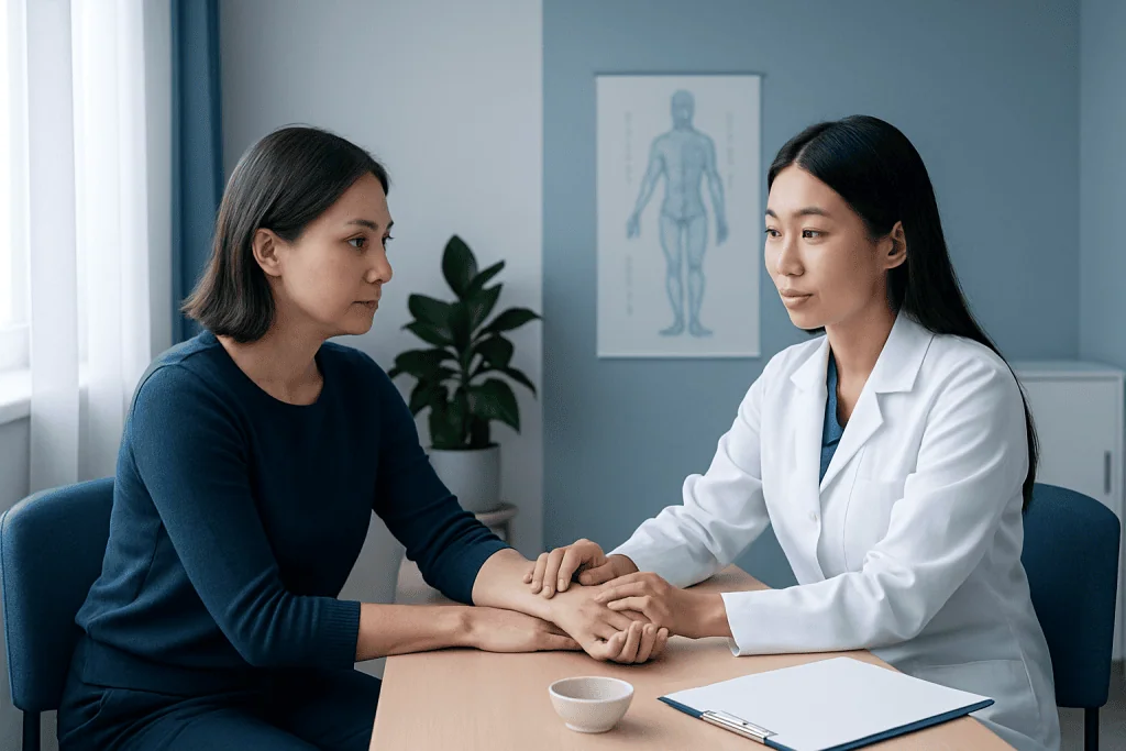 Doctor providing emotional support to a patient in a consultation room.