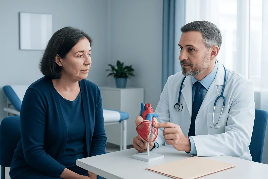 Cardiologist explaining heart valve to patient with heart model in clinic.