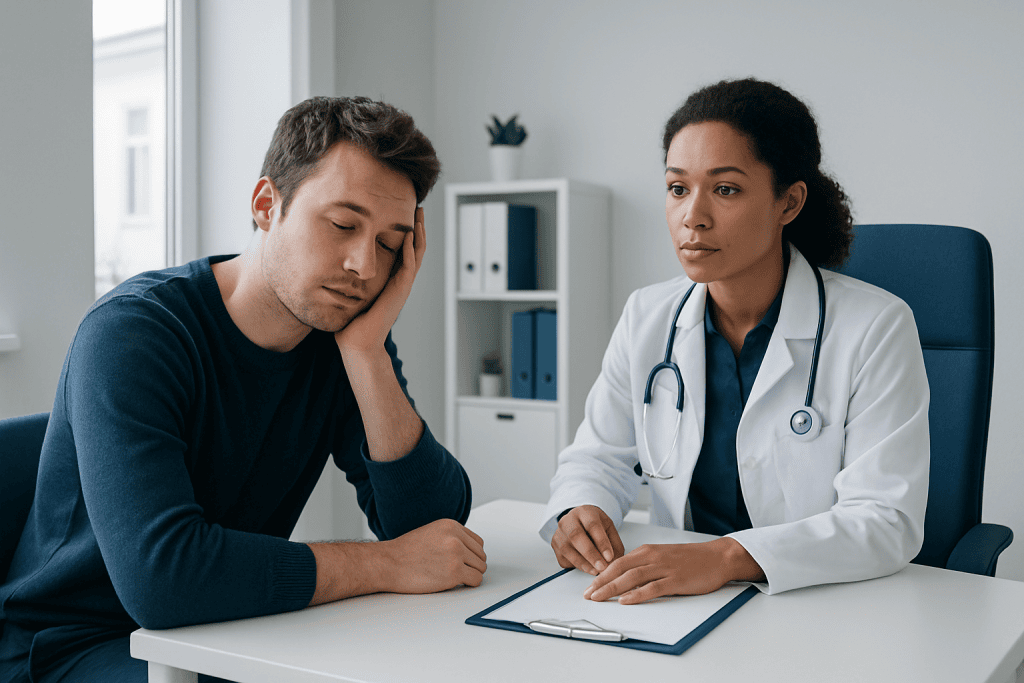 Patient consulting with doctor about sleep issues in a medical office.