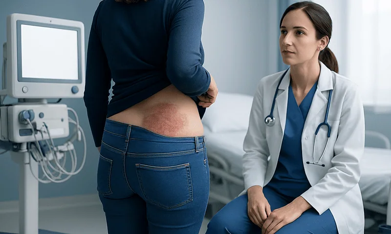 Doctor examining psoriasis on patient's buttocks in a clinical setting.