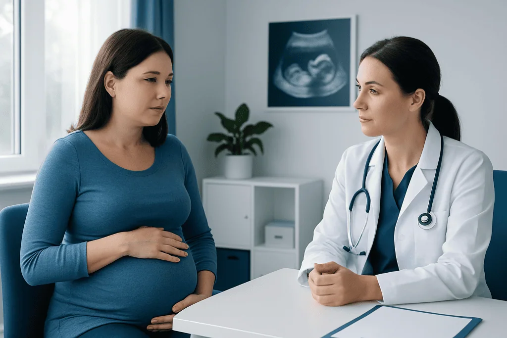 Pregnant woman consulting with doctor in a medical office.