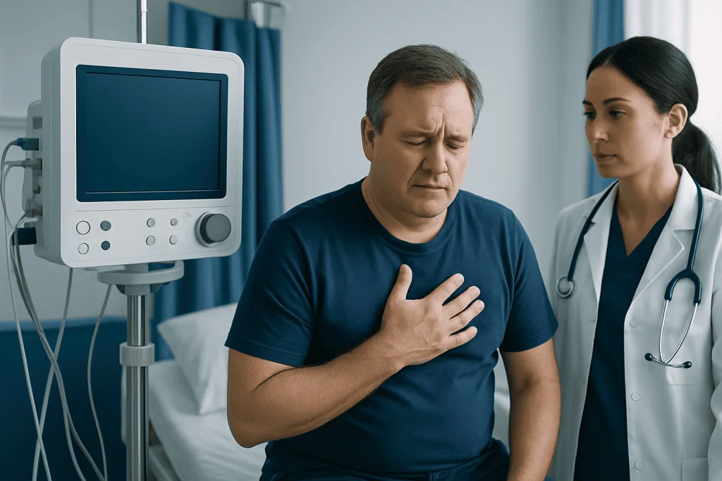 Patient experiencing chest pain in hospital with medical staff present.