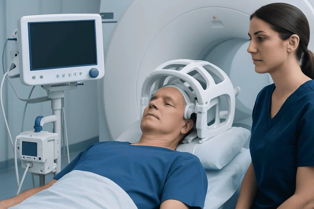 Patient undergoing brain scan with medical staff present at Acibadem Hospitals.
