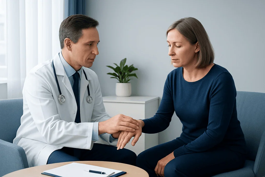 Doctor examining a patient's wrist in a consultation room at Acibadem Hospitals.