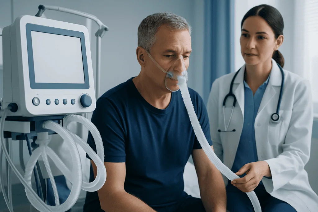 Patient receiving respiratory support from healthcare professional at hospital.