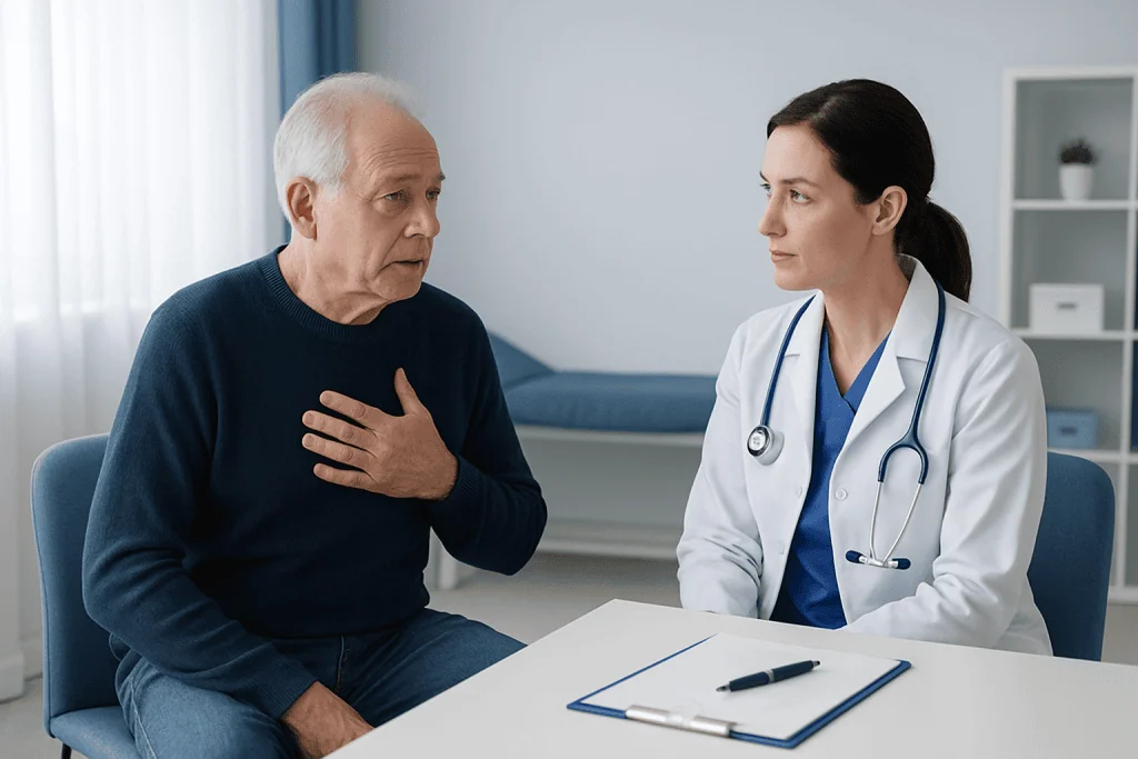 Doctor consulting with an elderly patient about heart health in a clinic.