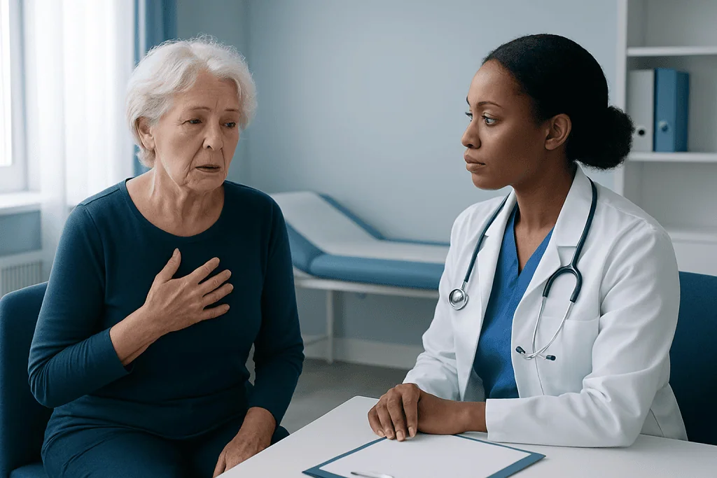 Doctor consulting with elderly woman in hospital room.