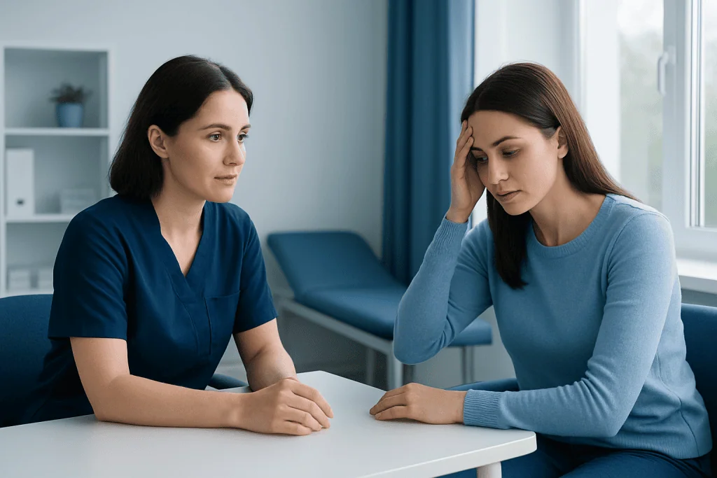 Doctor consulting with a patient about health concerns in a medical office.