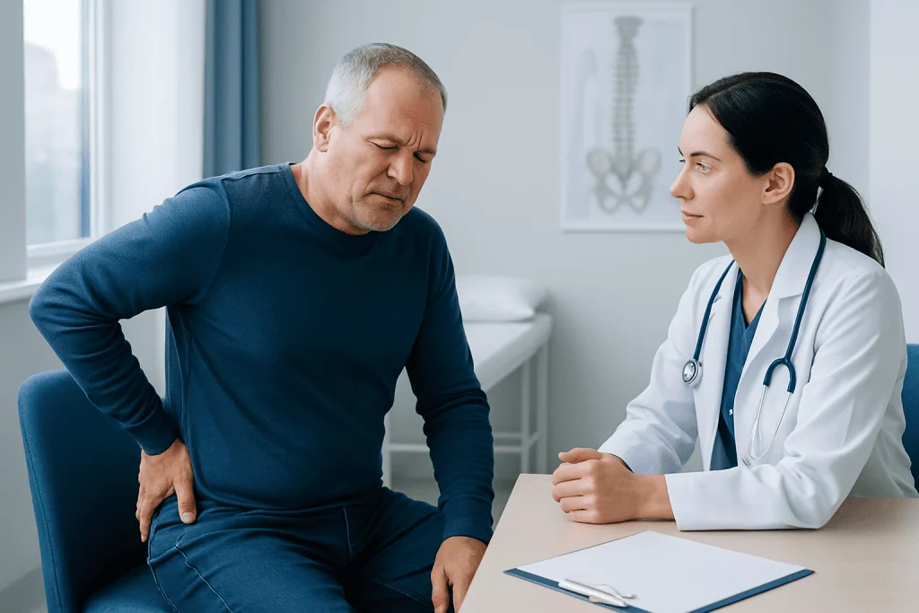 Doctor consulting with a patient experiencing back pain in a clinical setting.