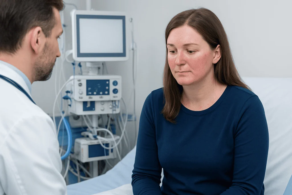 Doctor consulting with a patient in a hospital room.