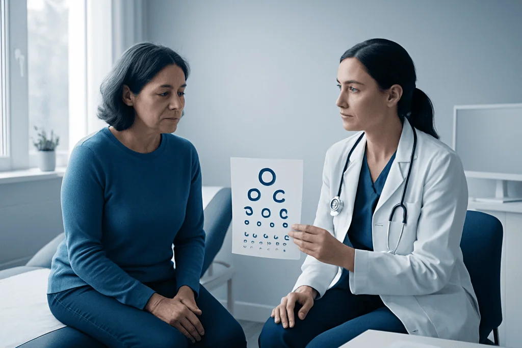 Optometrist explains eye test results to a patient in a clinic setting.
