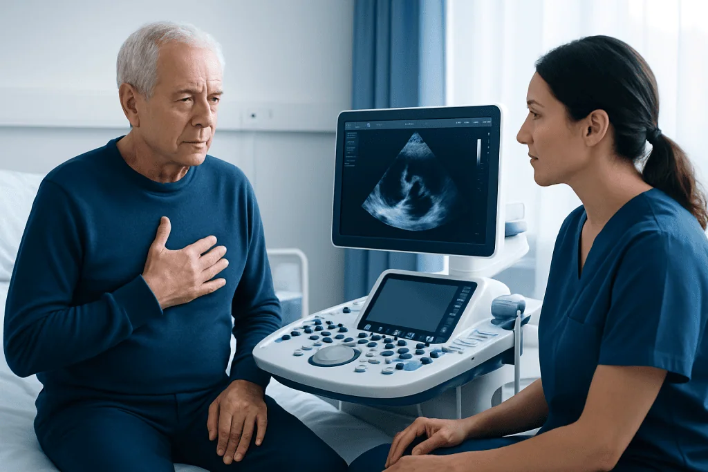 Elderly man consulting with a cardiologist about heart health.