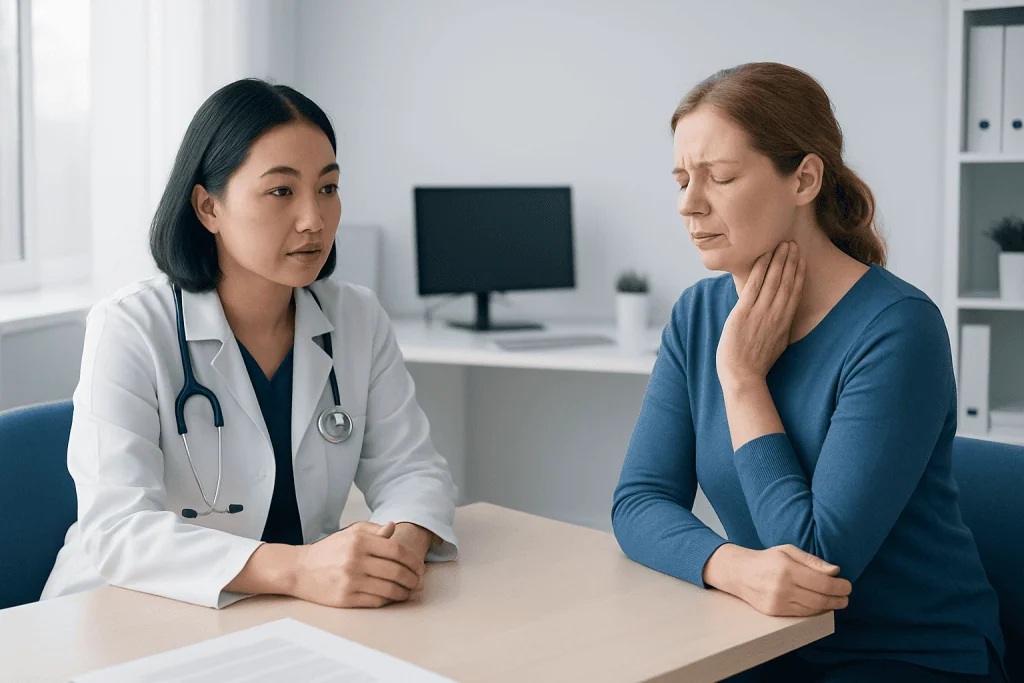 Doctor consulting a patient with sore throat in a medical office.