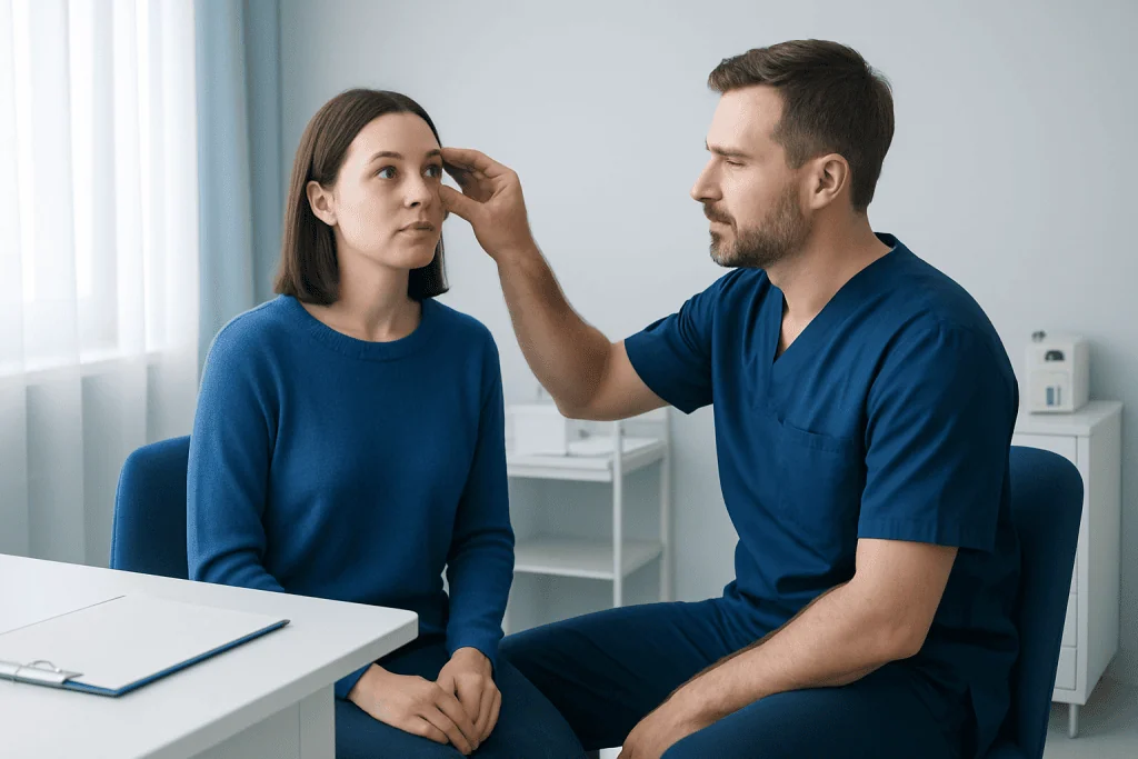 Doctor examining patient's eye during an eye consultation at Acibadem Hospital.