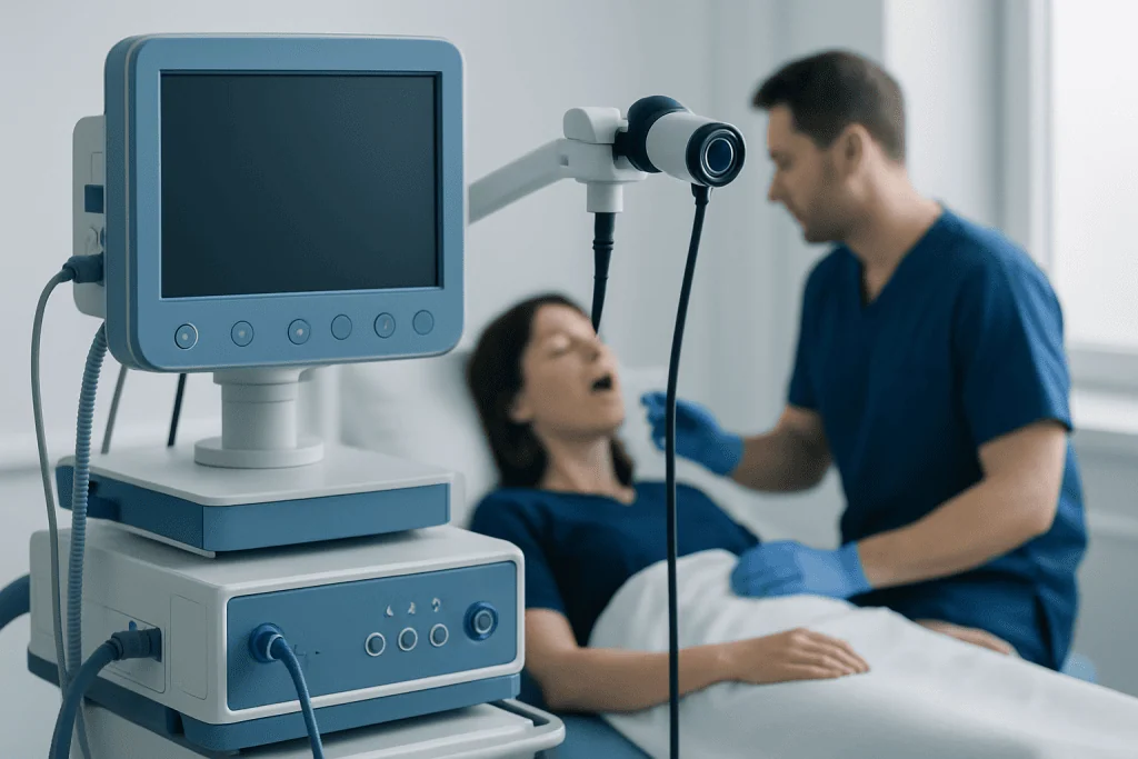 Medical professional examining patient with endoscopy equipment in hospital.