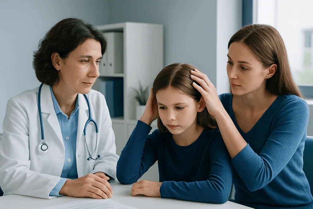 Doctor examining a young girl with her mother in a clinic setting.