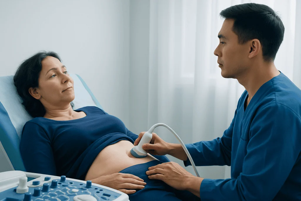 Doctor performing an ultrasound on a woman in a hospital bed.