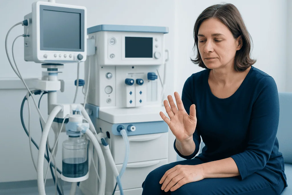 Woman in a medical setting with ventilator and monitoring equipment.