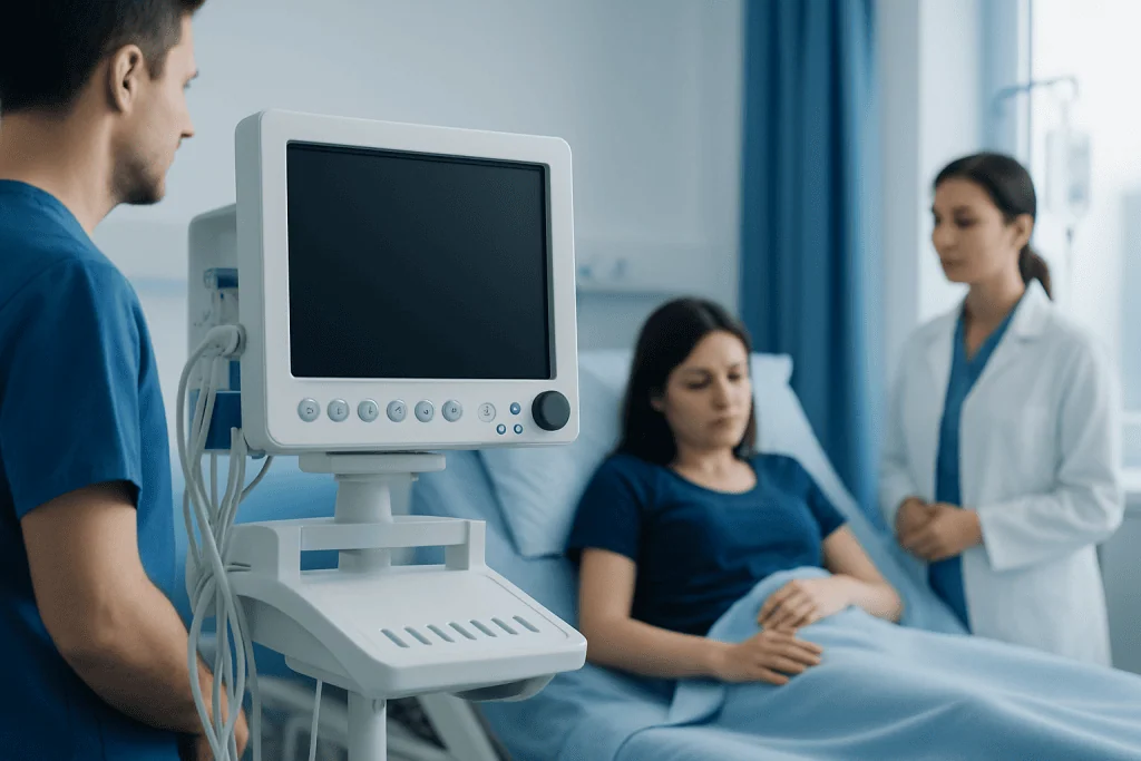 Doctor monitoring patient in hospital room with medical equipment.
