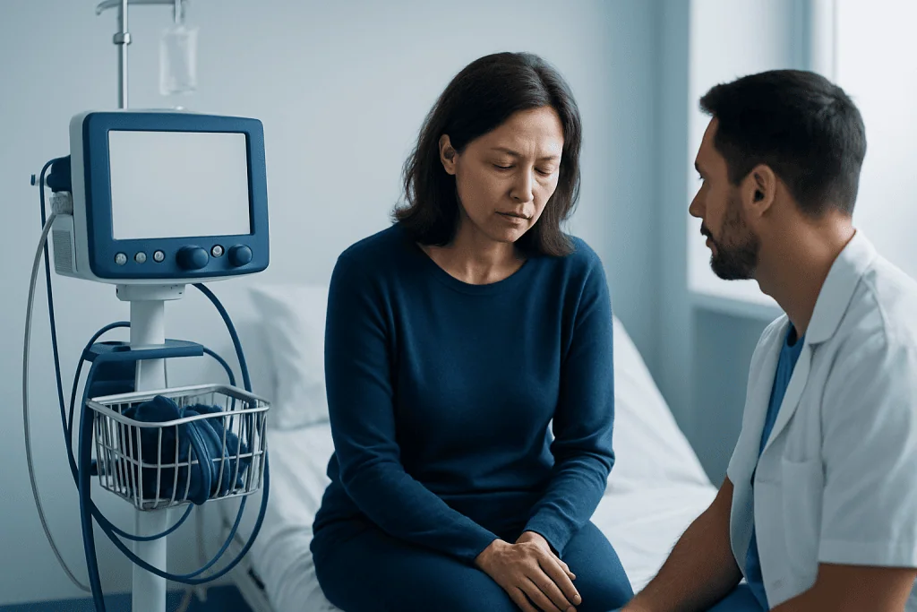 Doctor talking to a woman patient in a hospital room with medical equipment nearby.