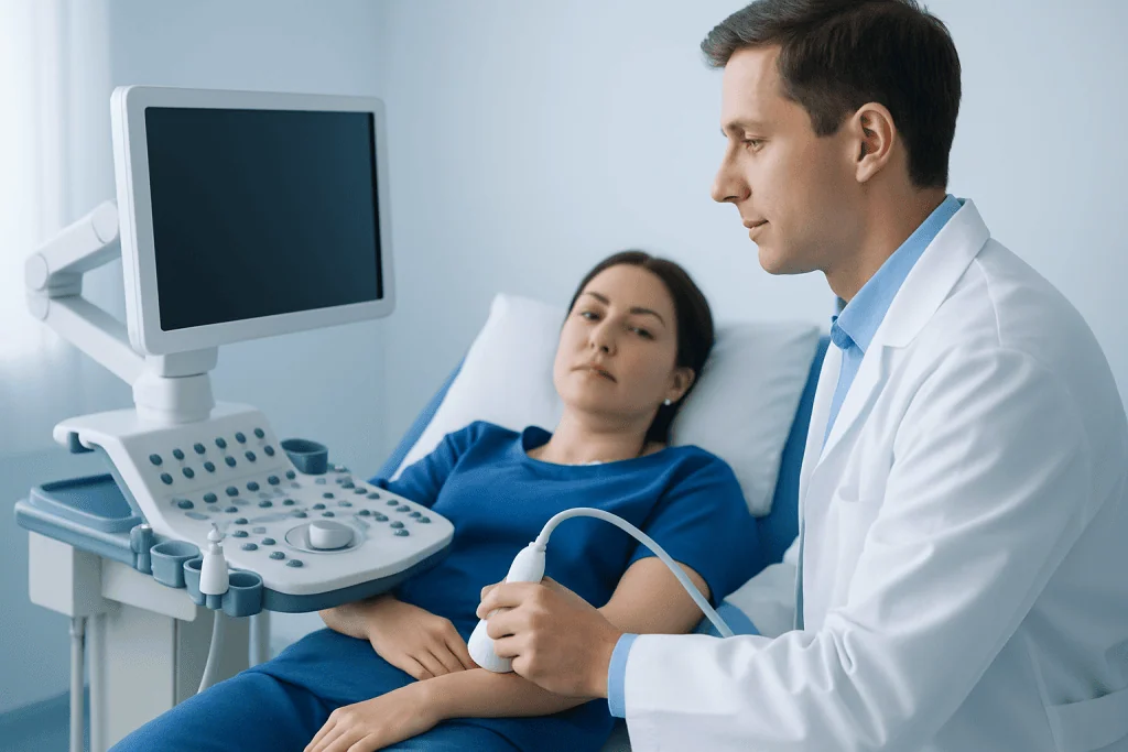 Doctor performing an ultrasound exam on a patient in a hospital room.