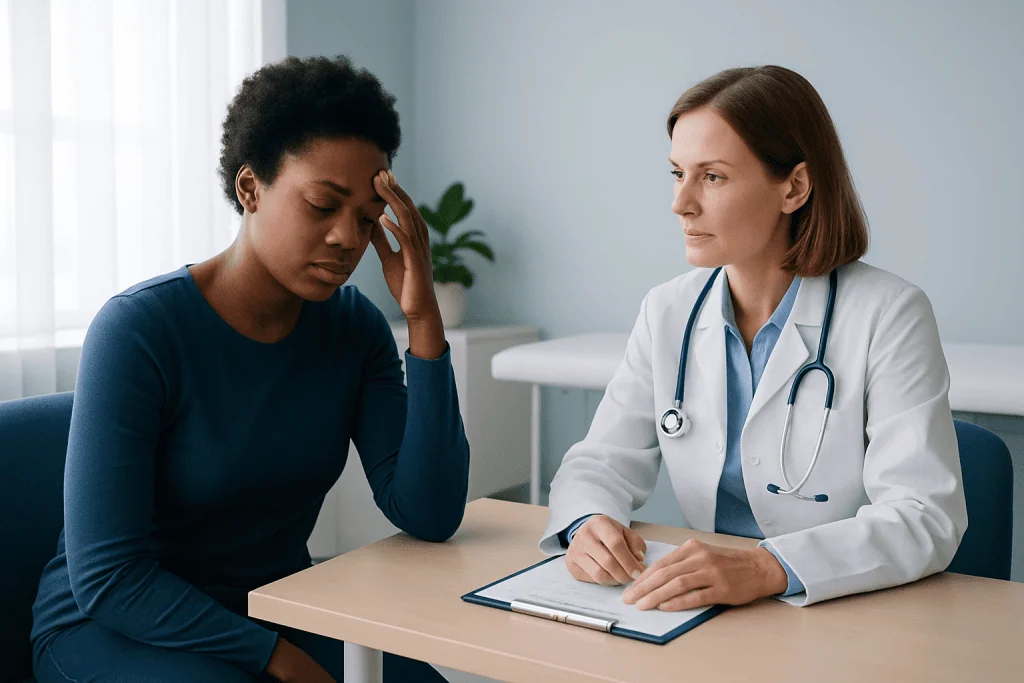 Doctor consulting with a patient experiencing headache or fatigue.