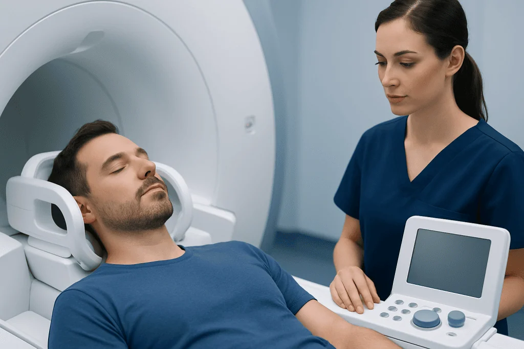 Patient undergoing MRI scan at Acibadem Hospital for stroke diagnosis.
