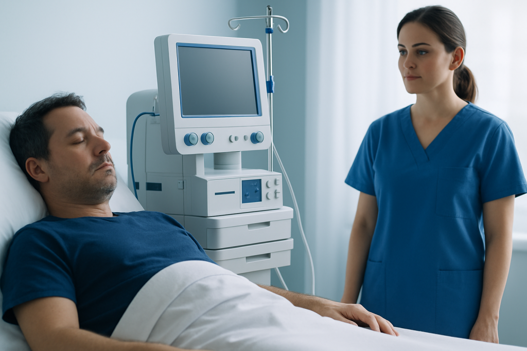 Patient in hospital bed with medical monitor and nurse nearby.