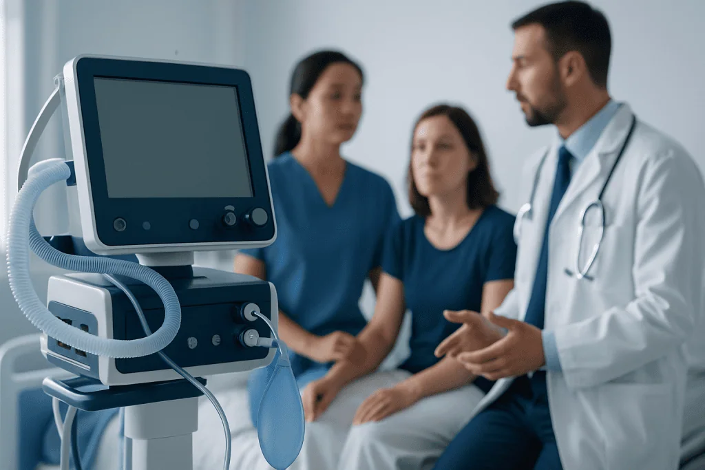 Medical team discussing patient care with ventilator in hospital.